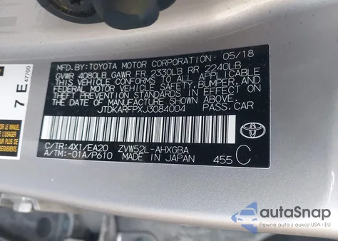 2018 Toyota Prius Prime Advanced из США, поврежденный, VIN JTDKARFPXJ3084004